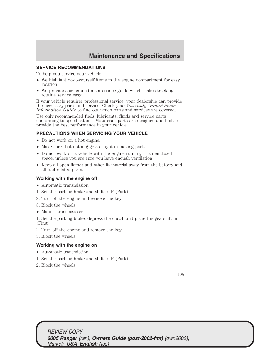 Maintenance and specifications | FORD 2005 Ranger v.1 User Manual | Page 195 / 256