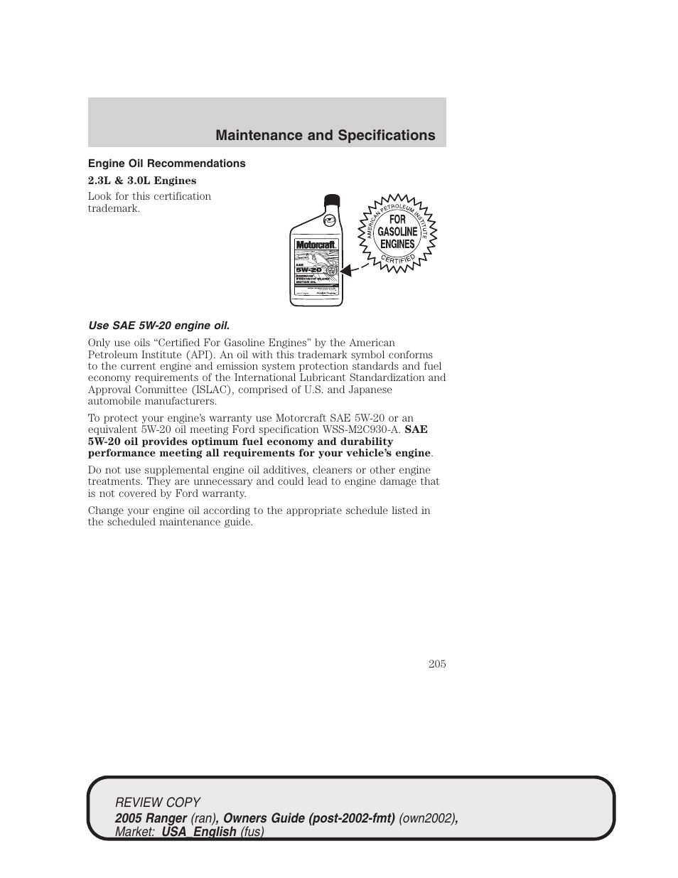 Maintenance and specifications | FORD 2005 Ranger v.1 User Manual | Page 205 / 256