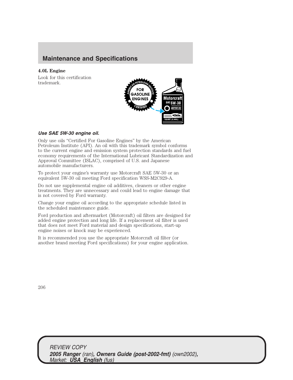 Maintenance and specifications | FORD 2005 Ranger v.1 User Manual | Page 206 / 256