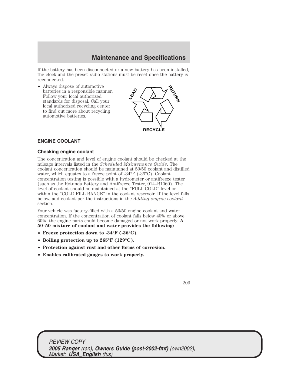 Maintenance and specifications | FORD 2005 Ranger v.1 User Manual | Page 209 / 256