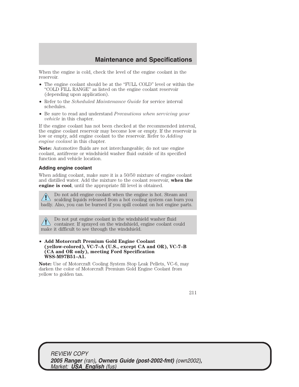 Maintenance and specifications | FORD 2005 Ranger v.1 User Manual | Page 211 / 256