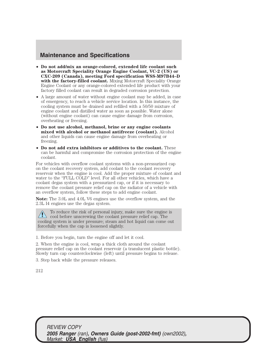 Maintenance and specifications | FORD 2005 Ranger v.1 User Manual | Page 212 / 256