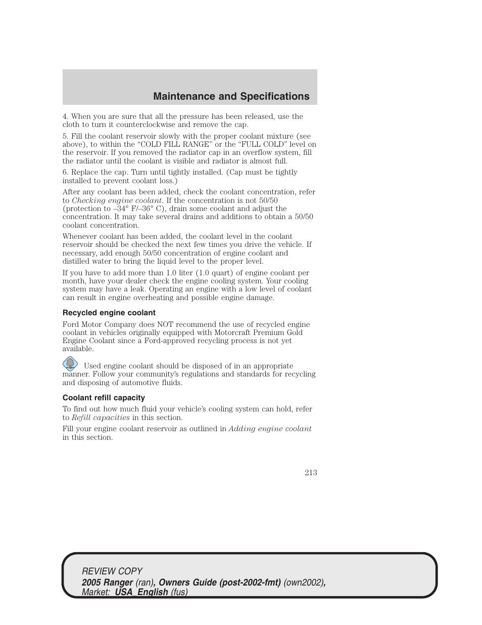 Maintenance and specifications | FORD 2005 Ranger v.1 User Manual | Page 213 / 256