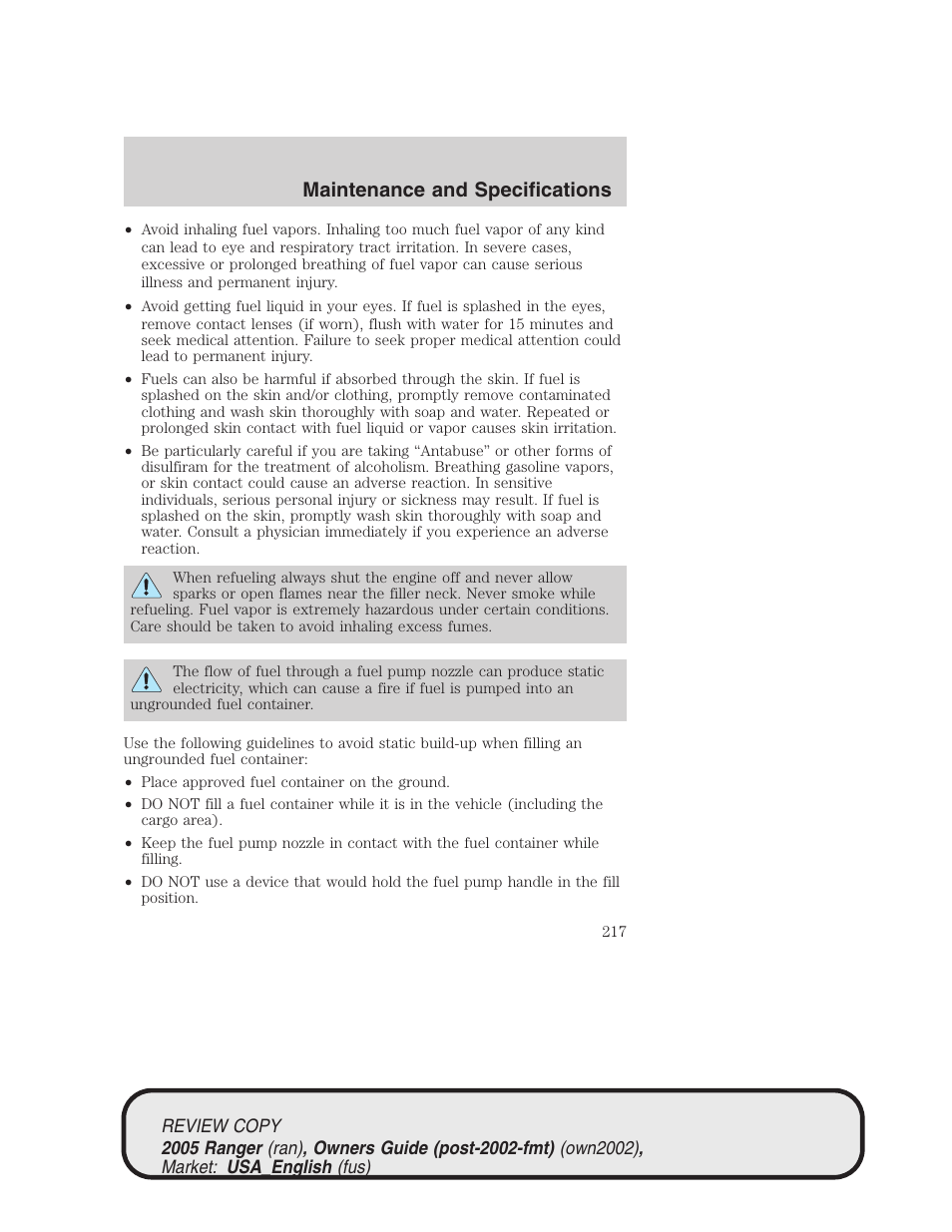 Maintenance and specifications | FORD 2005 Ranger v.1 User Manual | Page 217 / 256