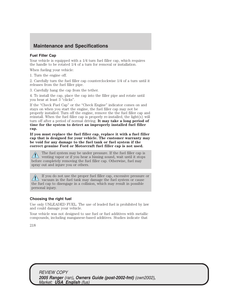 Maintenance and specifications | FORD 2005 Ranger v.1 User Manual | Page 218 / 256