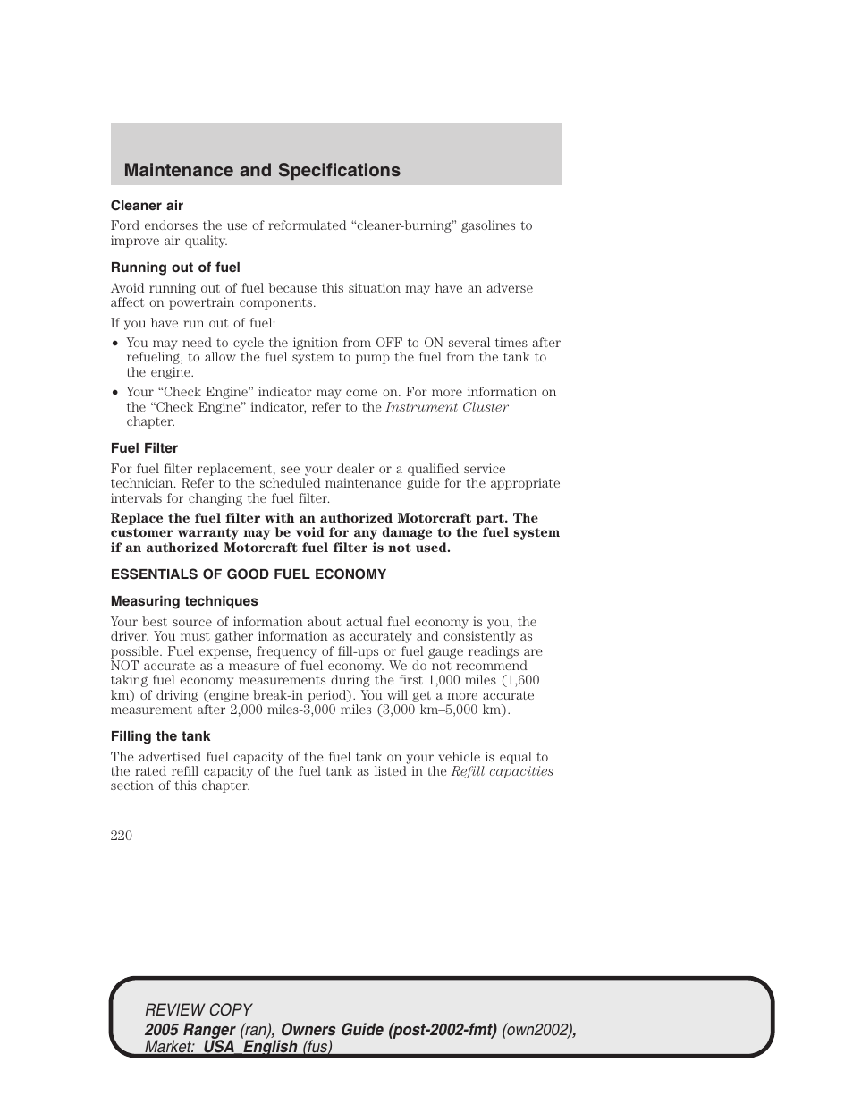 Maintenance and specifications | FORD 2005 Ranger v.1 User Manual | Page 220 / 256