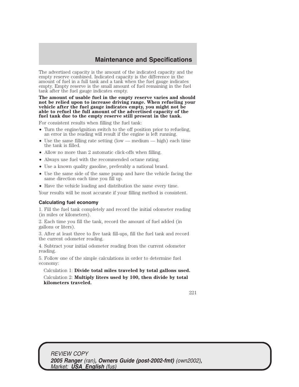 Maintenance and specifications | FORD 2005 Ranger v.1 User Manual | Page 221 / 256