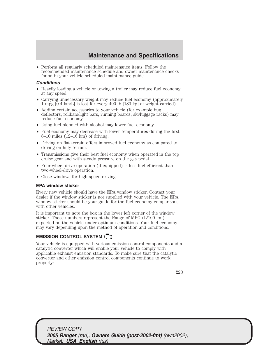 Maintenance and specifications | FORD 2005 Ranger v.1 User Manual | Page 223 / 256