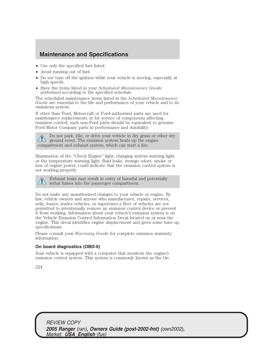 Maintenance and specifications | FORD 2005 Ranger v.1 User Manual | Page 224 / 256