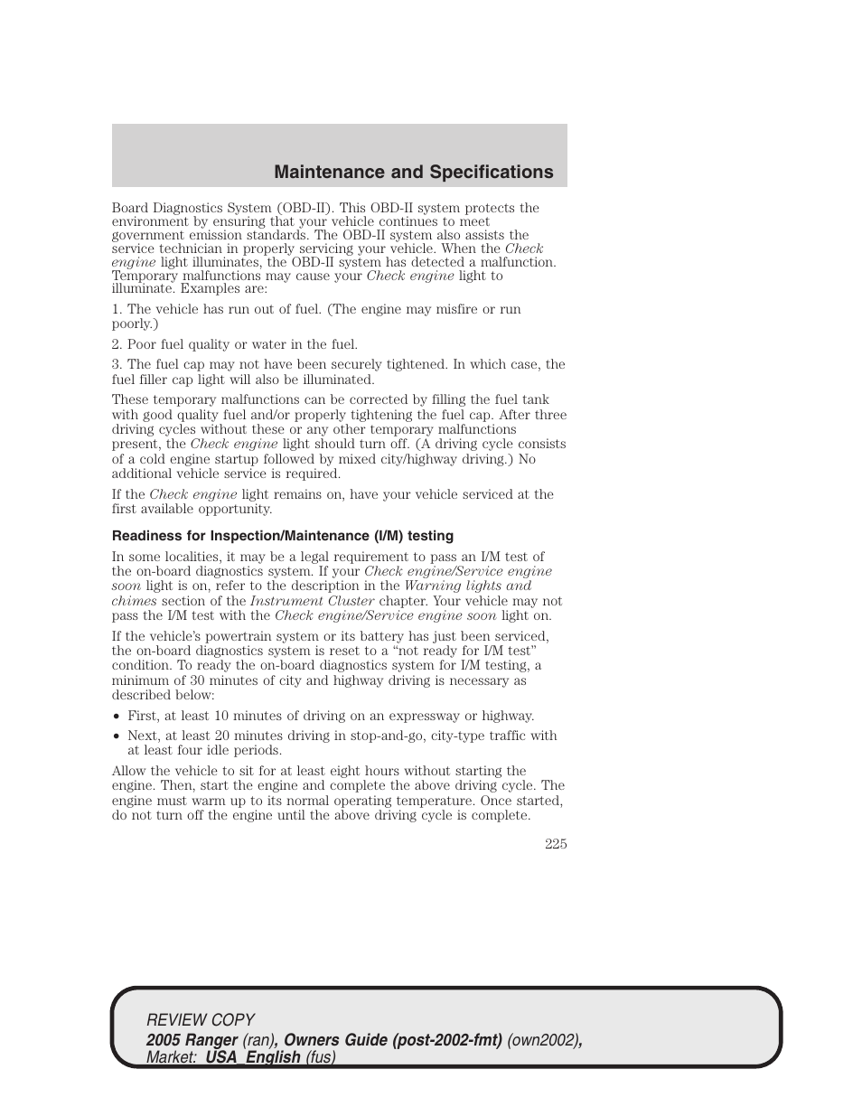 Maintenance and specifications | FORD 2005 Ranger v.1 User Manual | Page 225 / 256