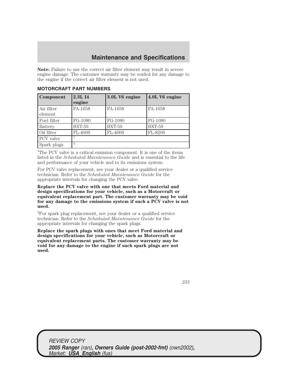 Maintenance and specifications | FORD 2005 Ranger v.1 User Manual | Page 233 / 256