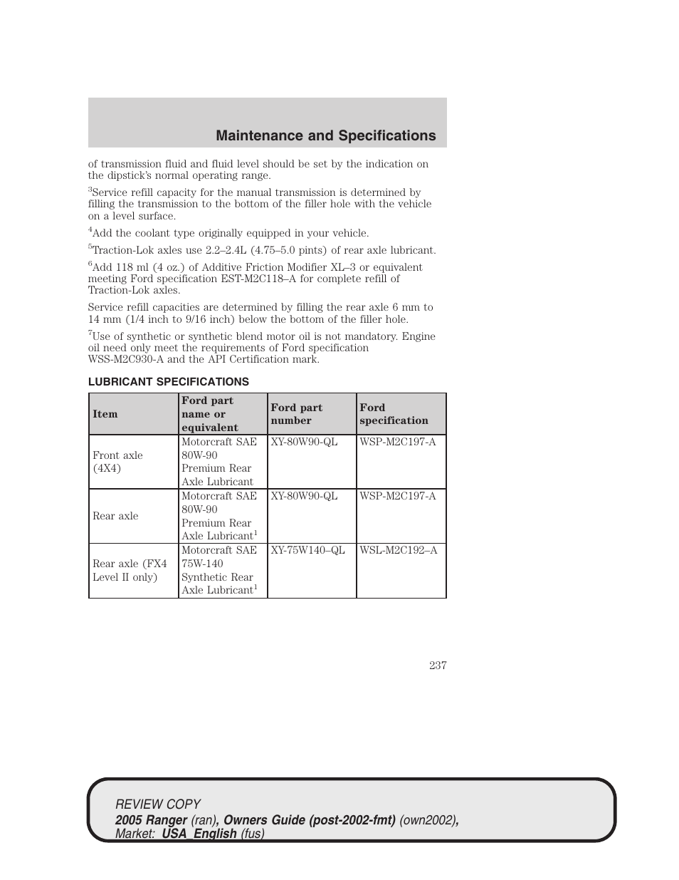 Maintenance and specifications | FORD 2005 Ranger v.1 User Manual | Page 237 / 256