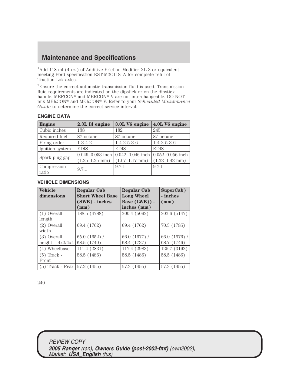 Maintenance and specifications | FORD 2005 Ranger v.1 User Manual | Page 240 / 256