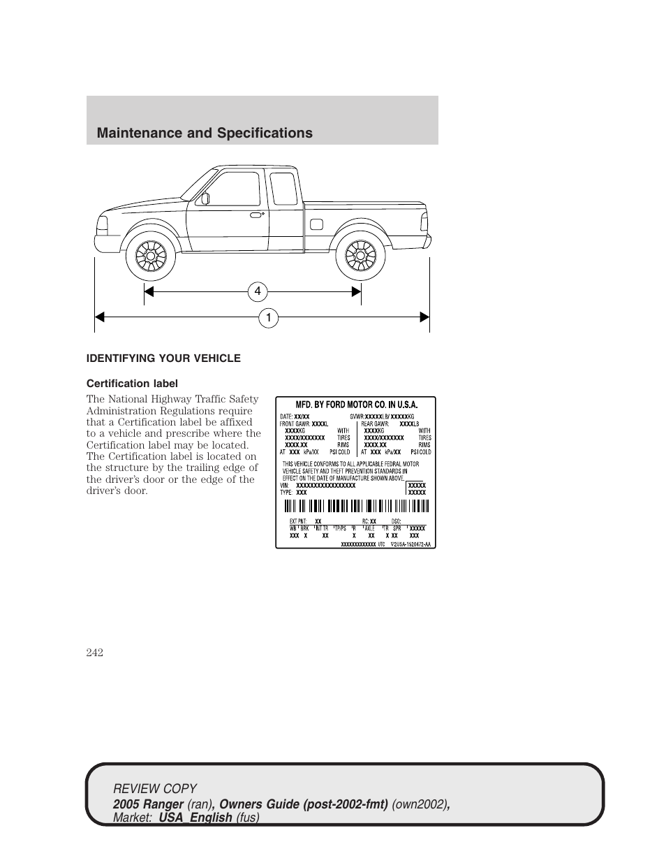 Maintenance and specifications | FORD 2005 Ranger v.1 User Manual | Page 242 / 256