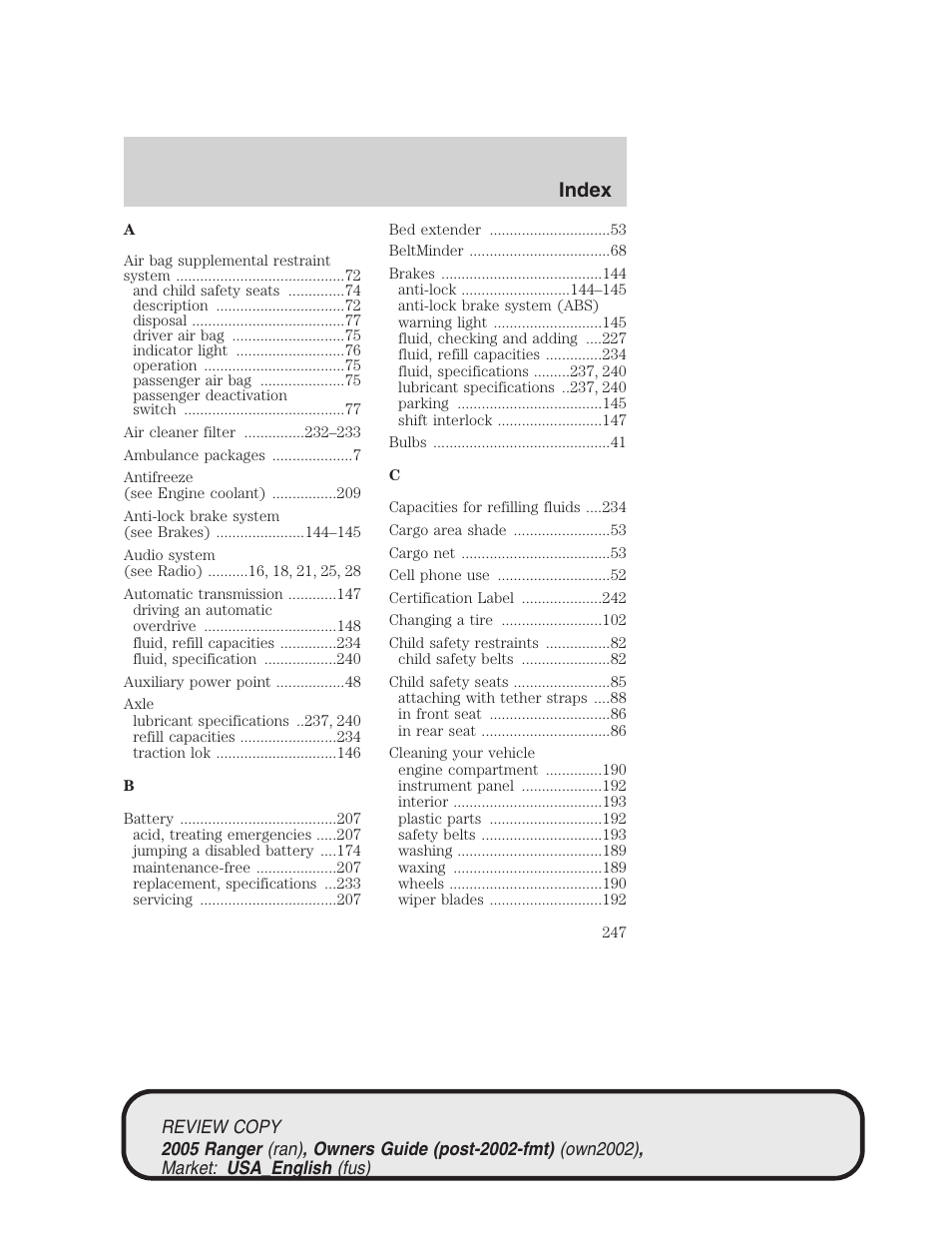 Index | FORD 2005 Ranger v.1 User Manual | Page 247 / 256