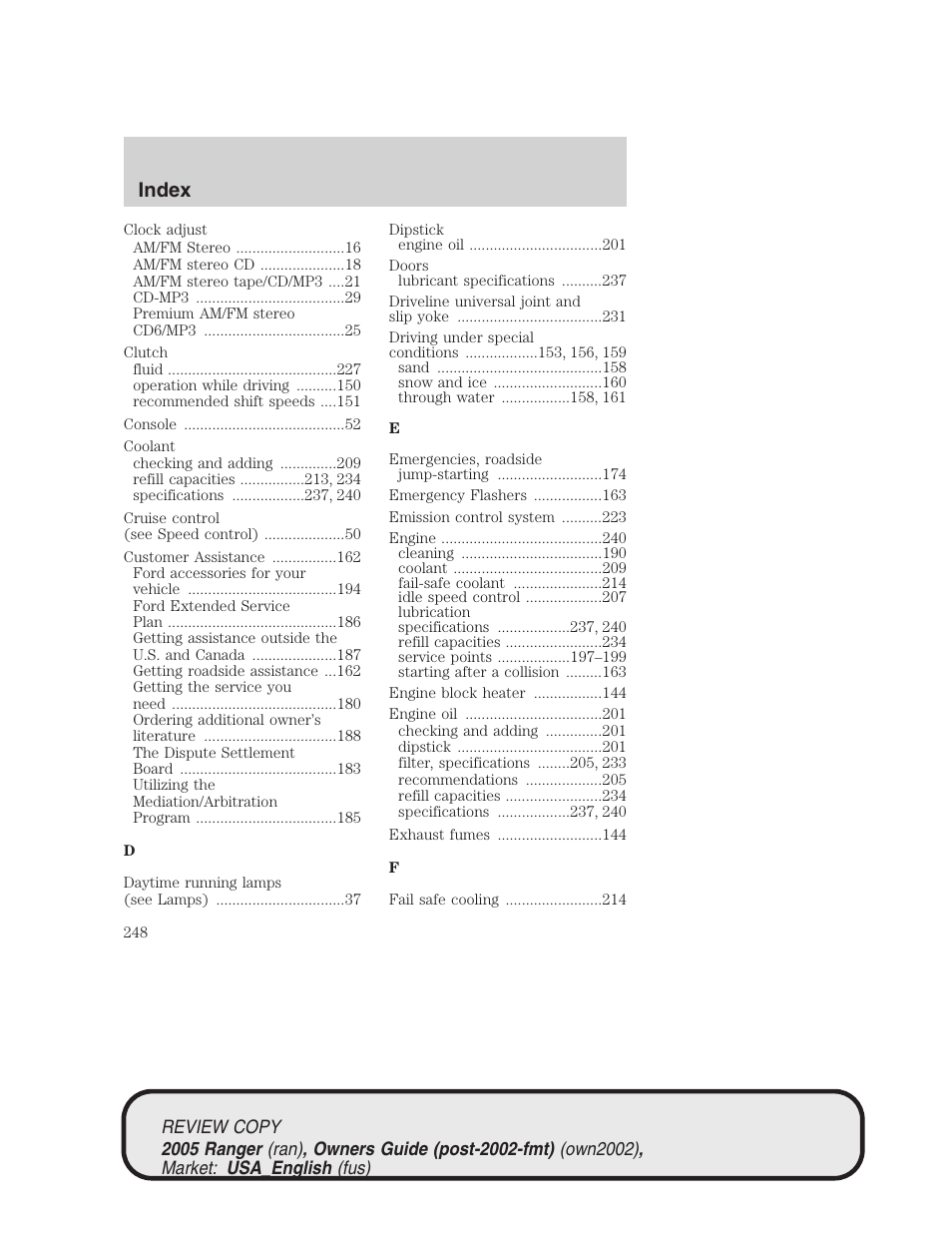 Index | FORD 2005 Ranger v.1 User Manual | Page 248 / 256