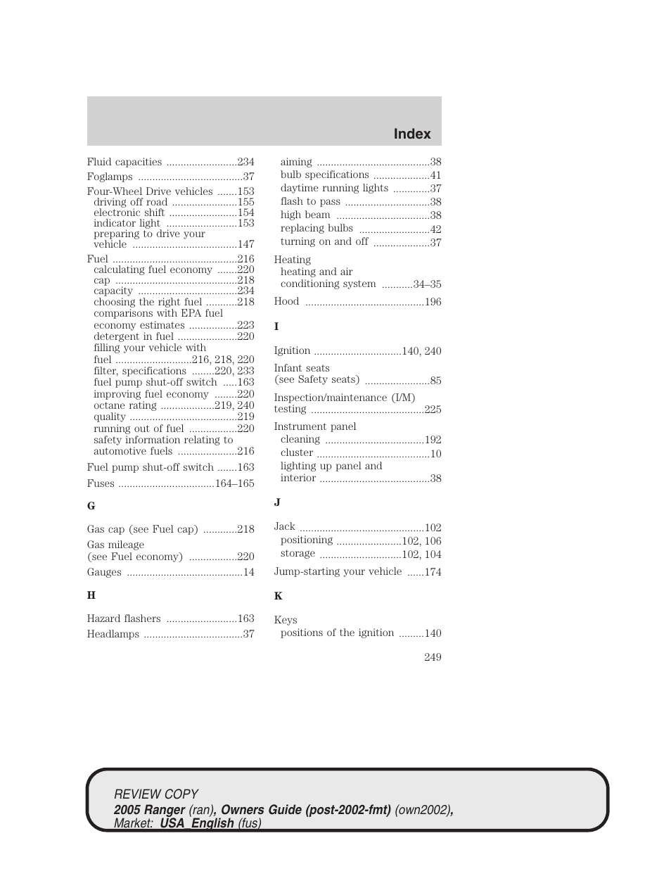 Index | FORD 2005 Ranger v.1 User Manual | Page 249 / 256