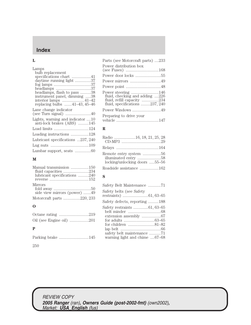 Index | FORD 2005 Ranger v.1 User Manual | Page 250 / 256