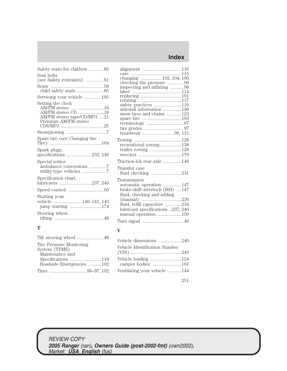 Index | FORD 2005 Ranger v.1 User Manual | Page 251 / 256