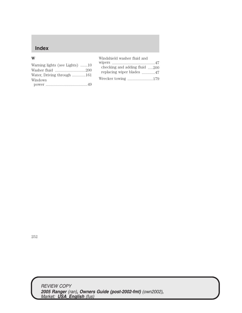 Index | FORD 2005 Ranger v.1 User Manual | Page 252 / 256