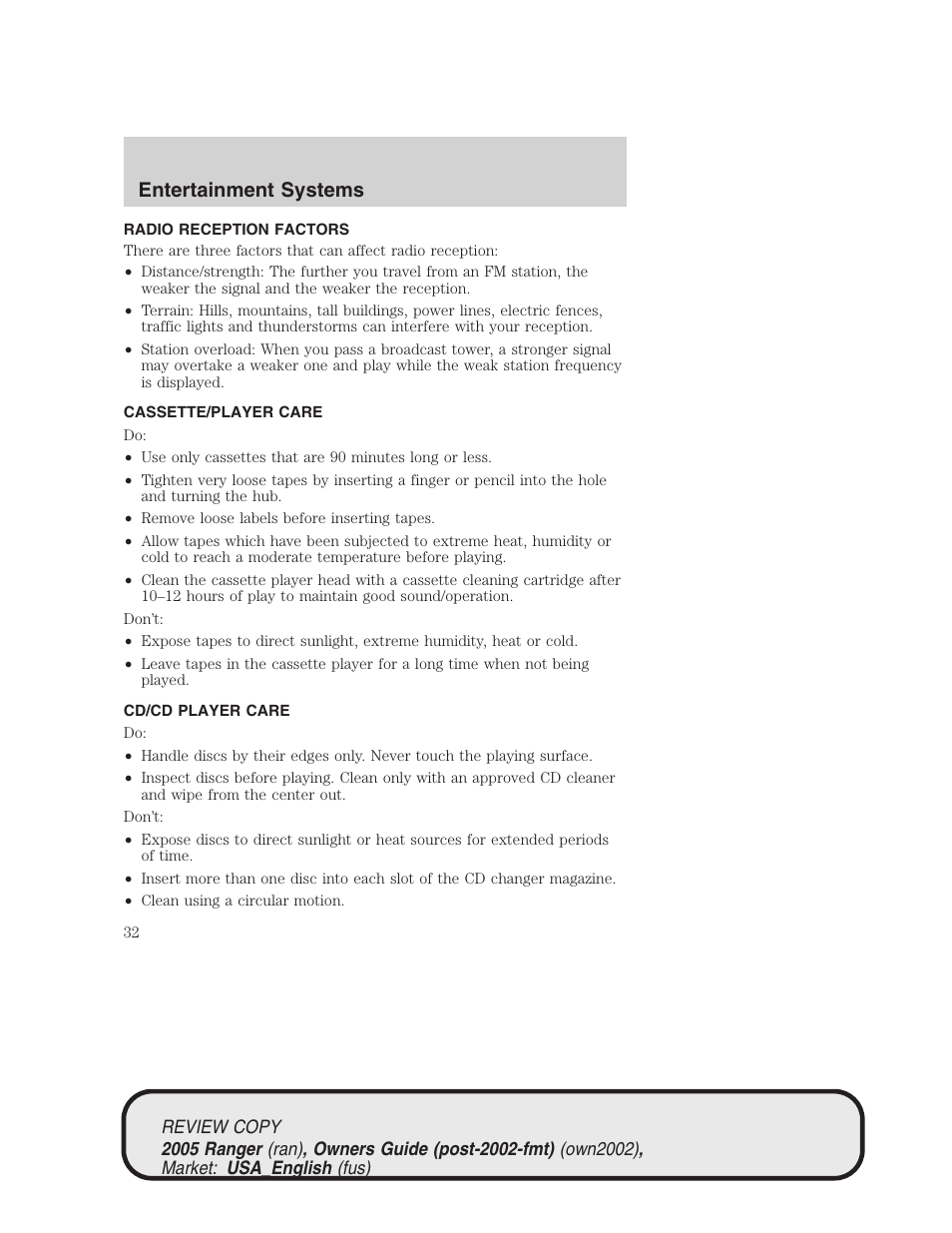 Entertainment systems | FORD 2005 Ranger v.1 User Manual | Page 32 / 256
