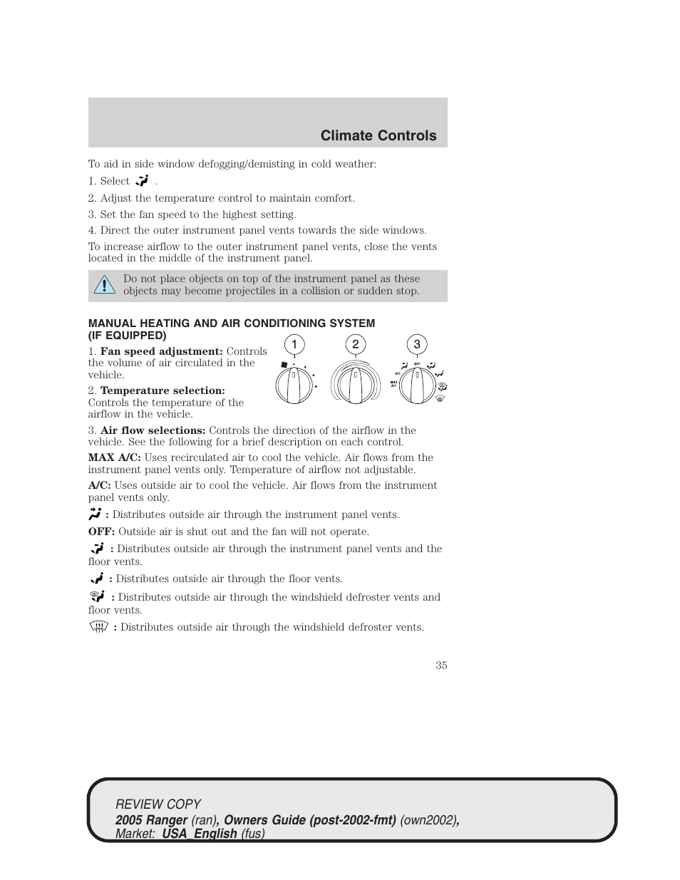 Climate controls | FORD 2005 Ranger v.1 User Manual | Page 35 / 256