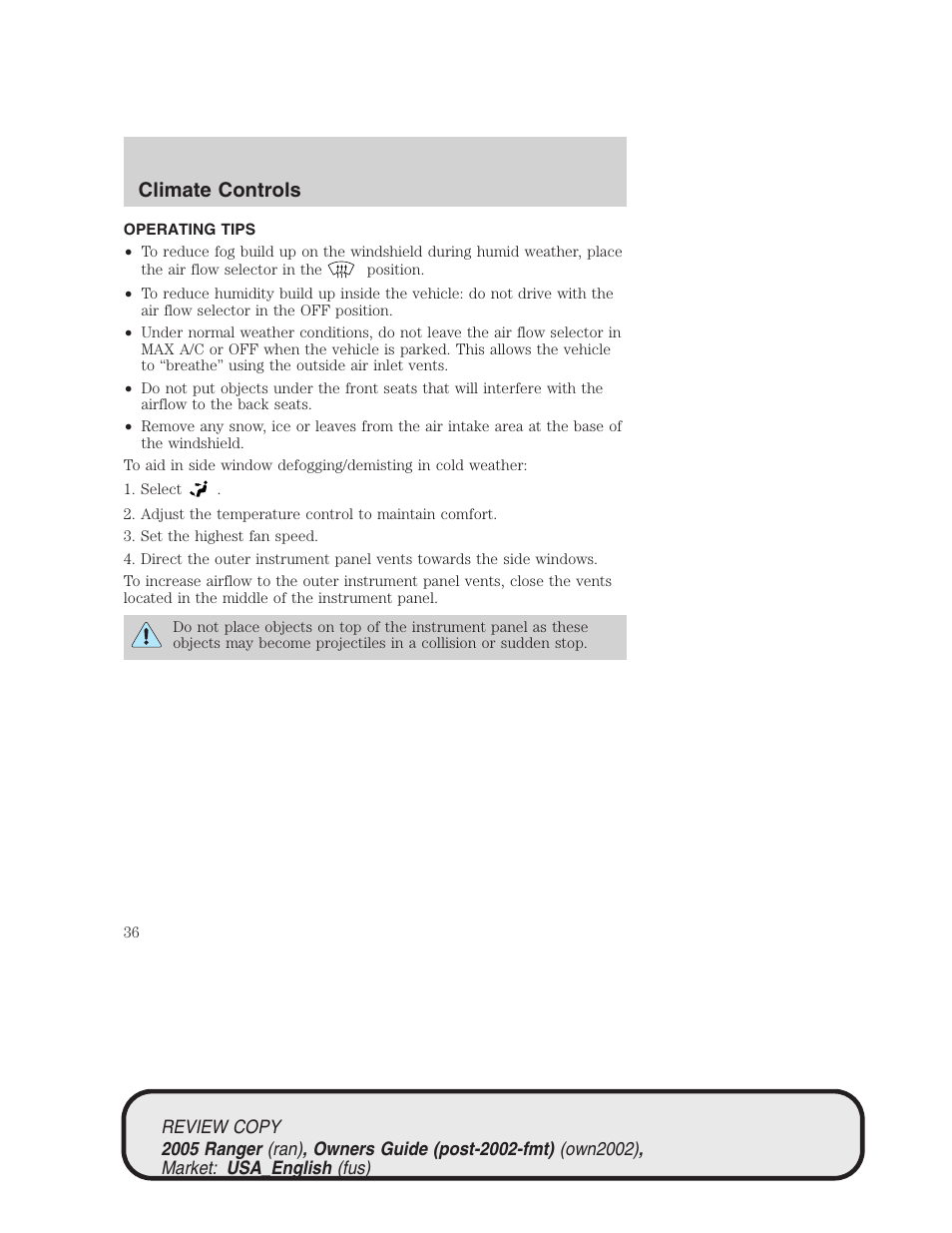 Climate controls | FORD 2005 Ranger v.1 User Manual | Page 36 / 256