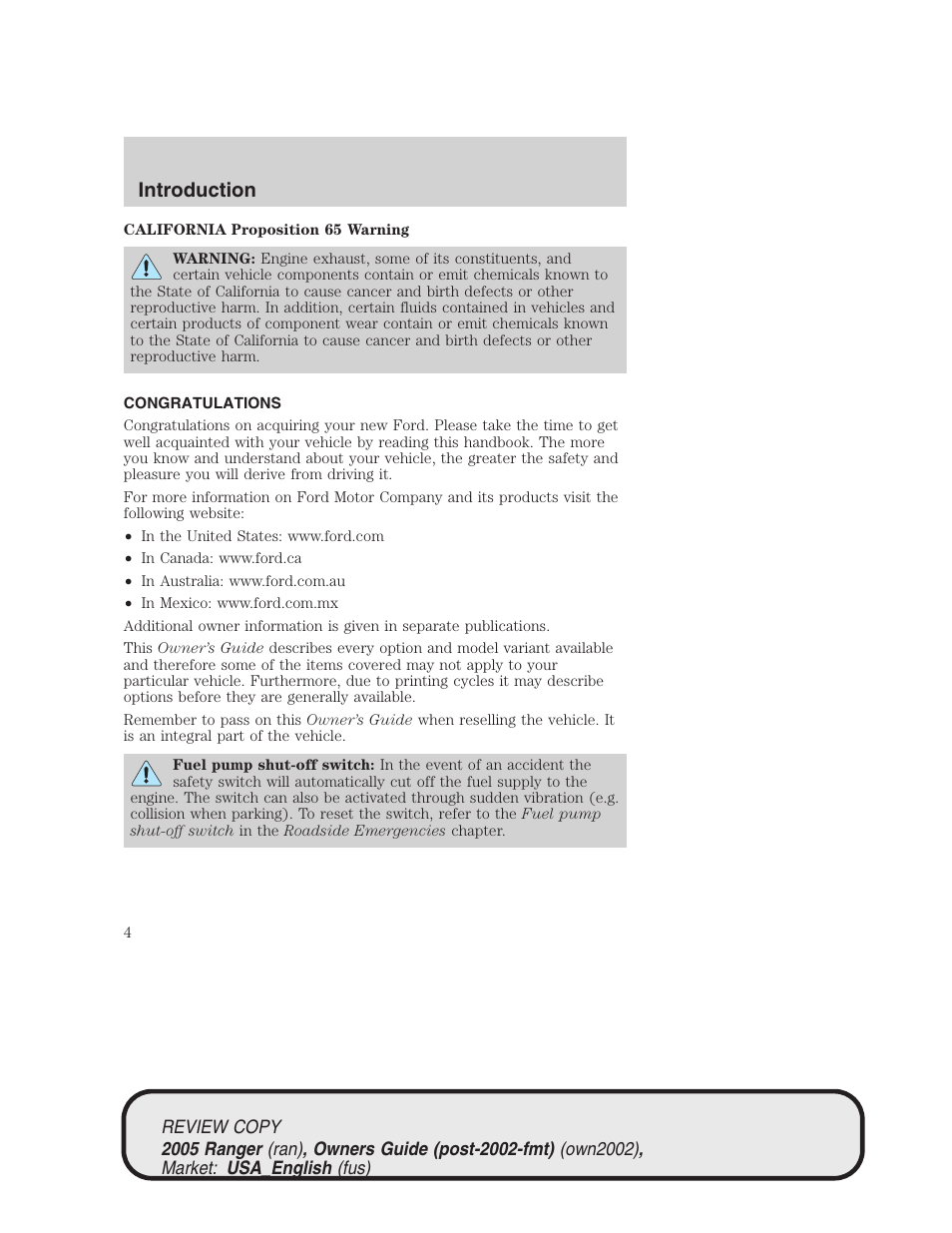 Introduction | FORD 2005 Ranger v.1 User Manual | Page 4 / 256