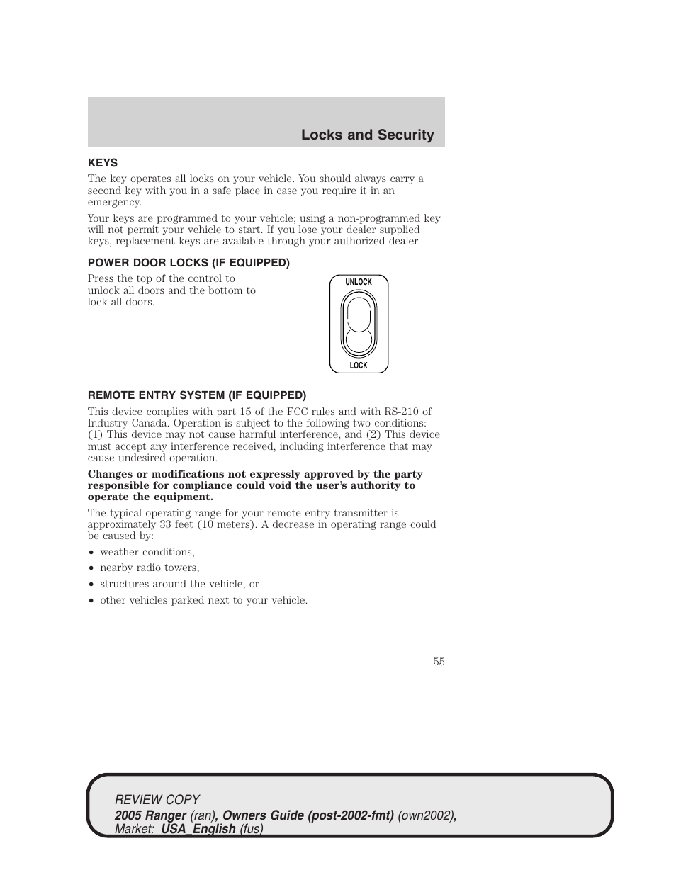 Locks and security | FORD 2005 Ranger v.1 User Manual | Page 55 / 256