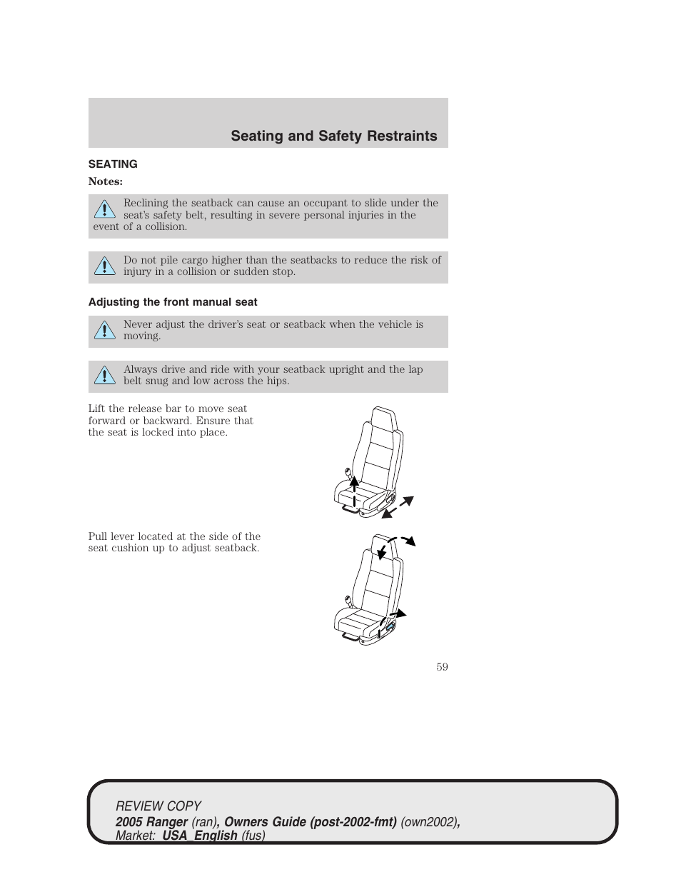 Seating and safety restraints | FORD 2005 Ranger v.1 User Manual | Page 59 / 256