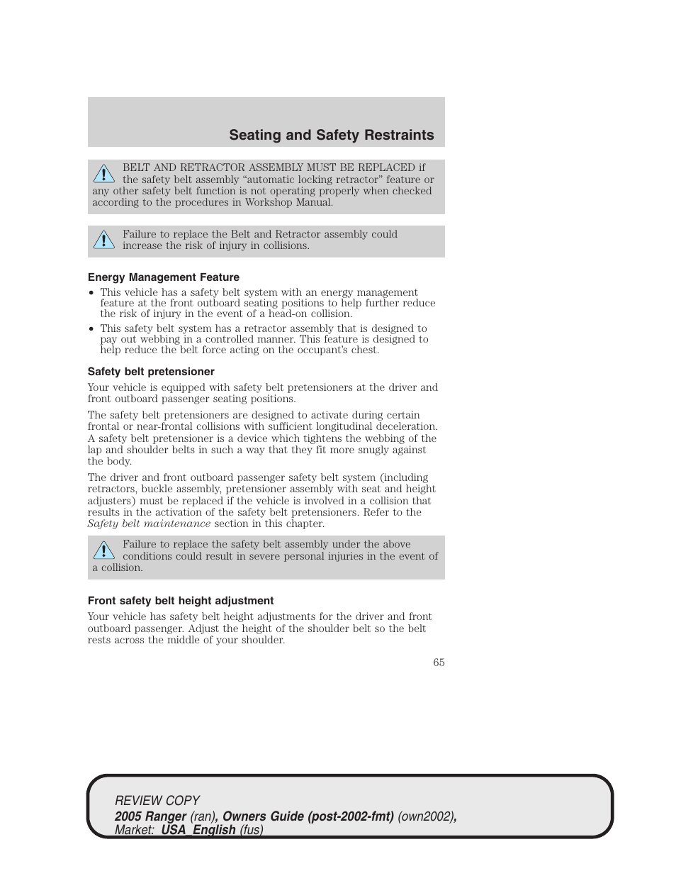 Seating and safety restraints | FORD 2005 Ranger v.1 User Manual | Page 65 / 256