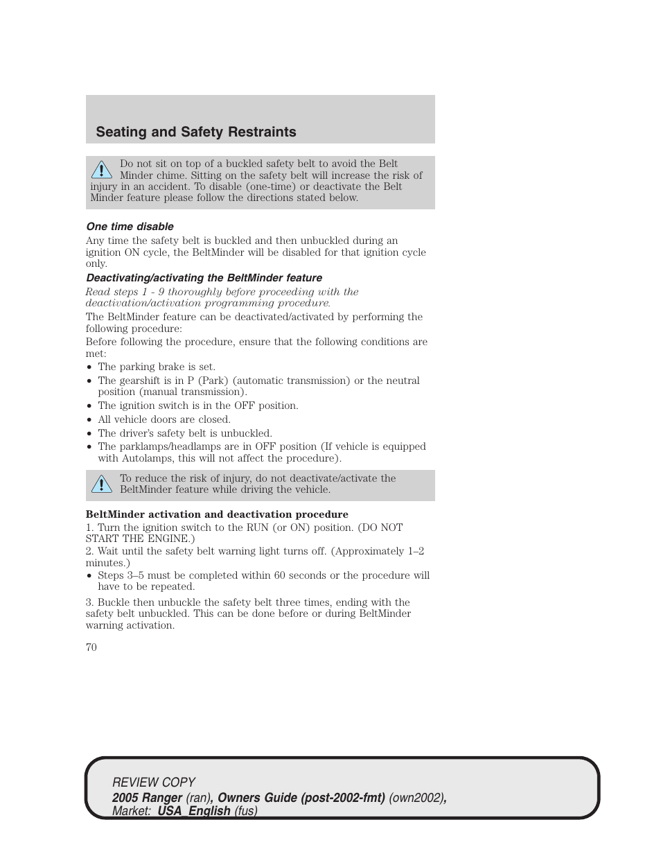 Seating and safety restraints | FORD 2005 Ranger v.1 User Manual | Page 70 / 256