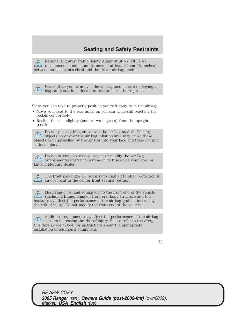 Seating and safety restraints | FORD 2005 Ranger v.1 User Manual | Page 73 / 256