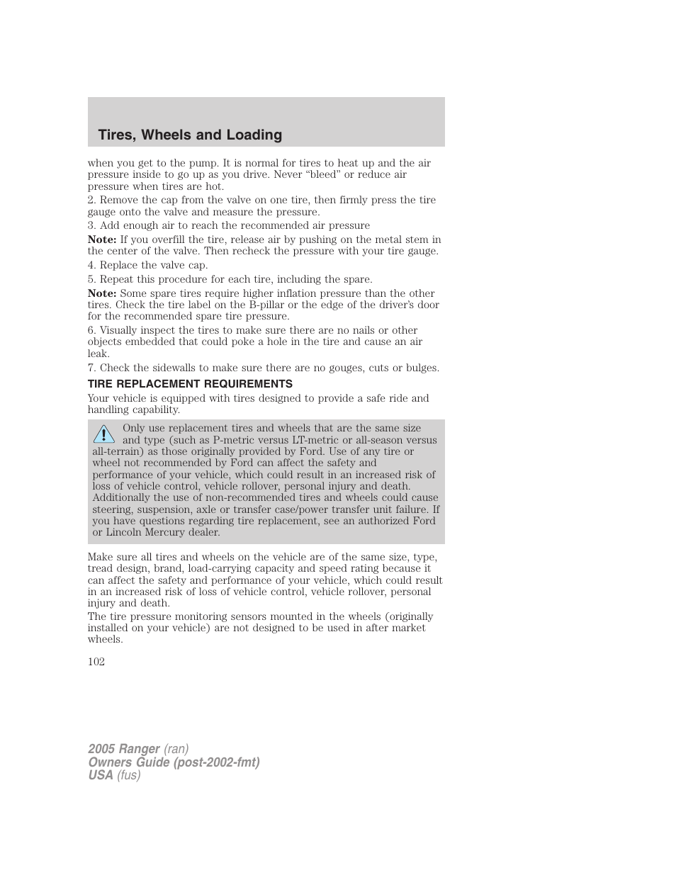 Tire replacement requirements, Tires, wheels and loading | FORD 2005 Ranger v.2 User Manual | Page 102 / 256