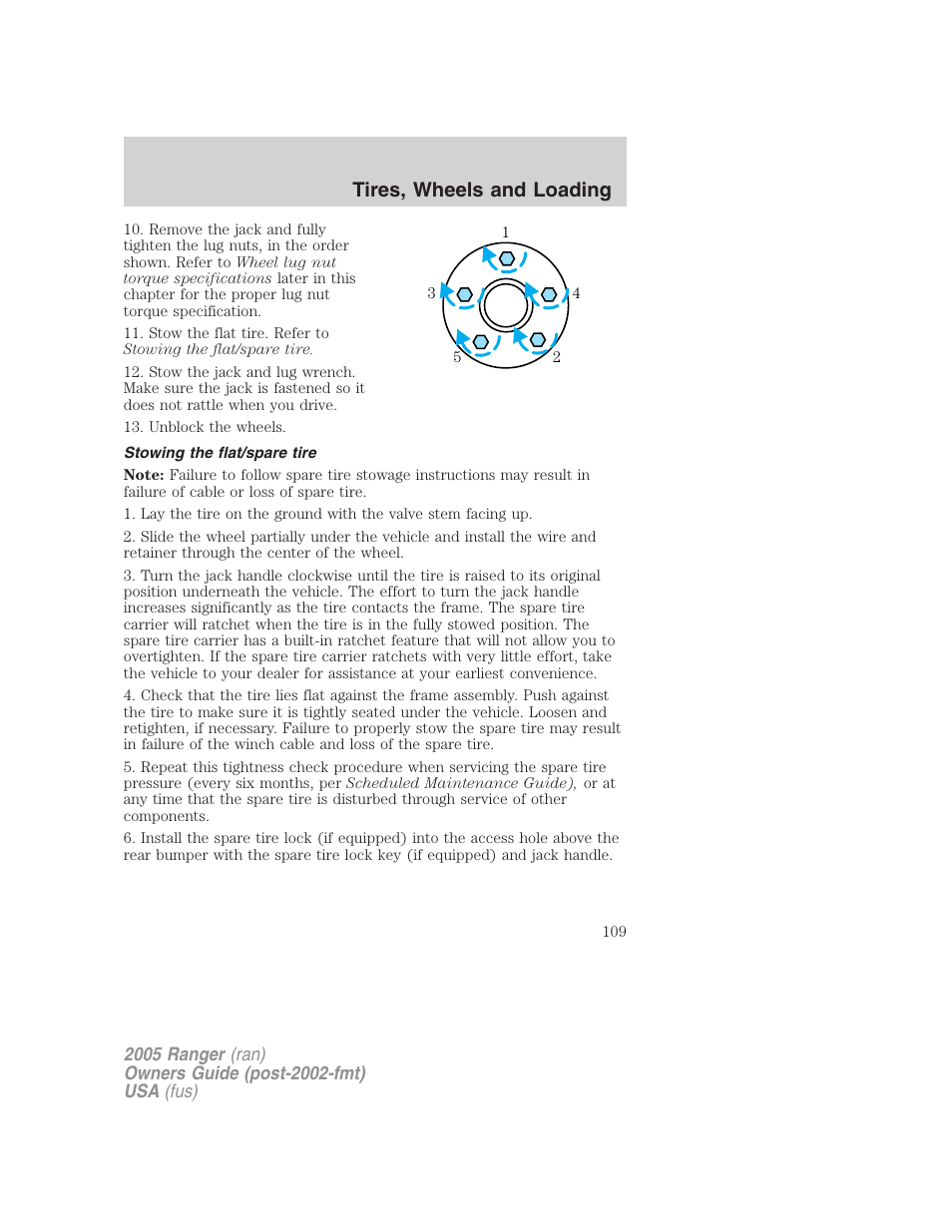 Stowing the flat/spare tire, Tires, wheels and loading | FORD 2005 Ranger v.2 User Manual | Page 109 / 256