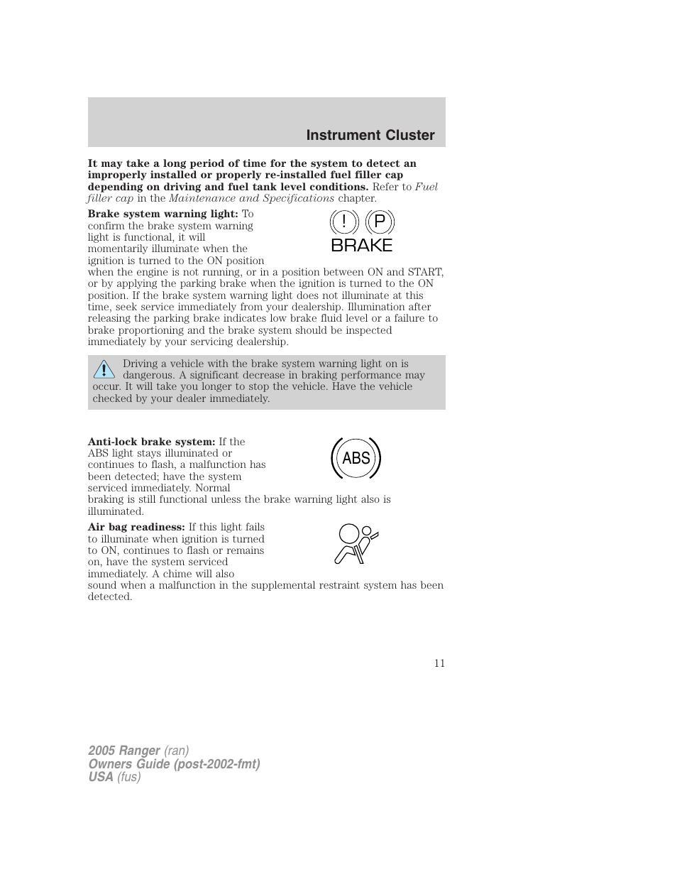 P! brake abs | FORD 2005 Ranger v.2 User Manual | Page 11 / 256