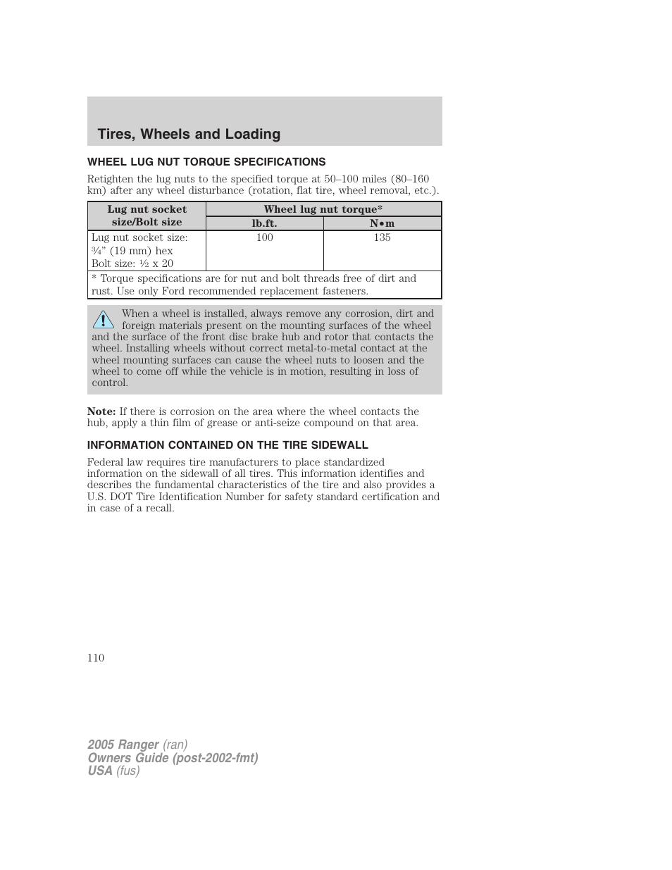 Wheel lug nut torque specifications, Information contained on the tire sidewall, Lug nut torque | Tires, wheels and loading | FORD 2005 Ranger v.2 User Manual | Page 110 / 256