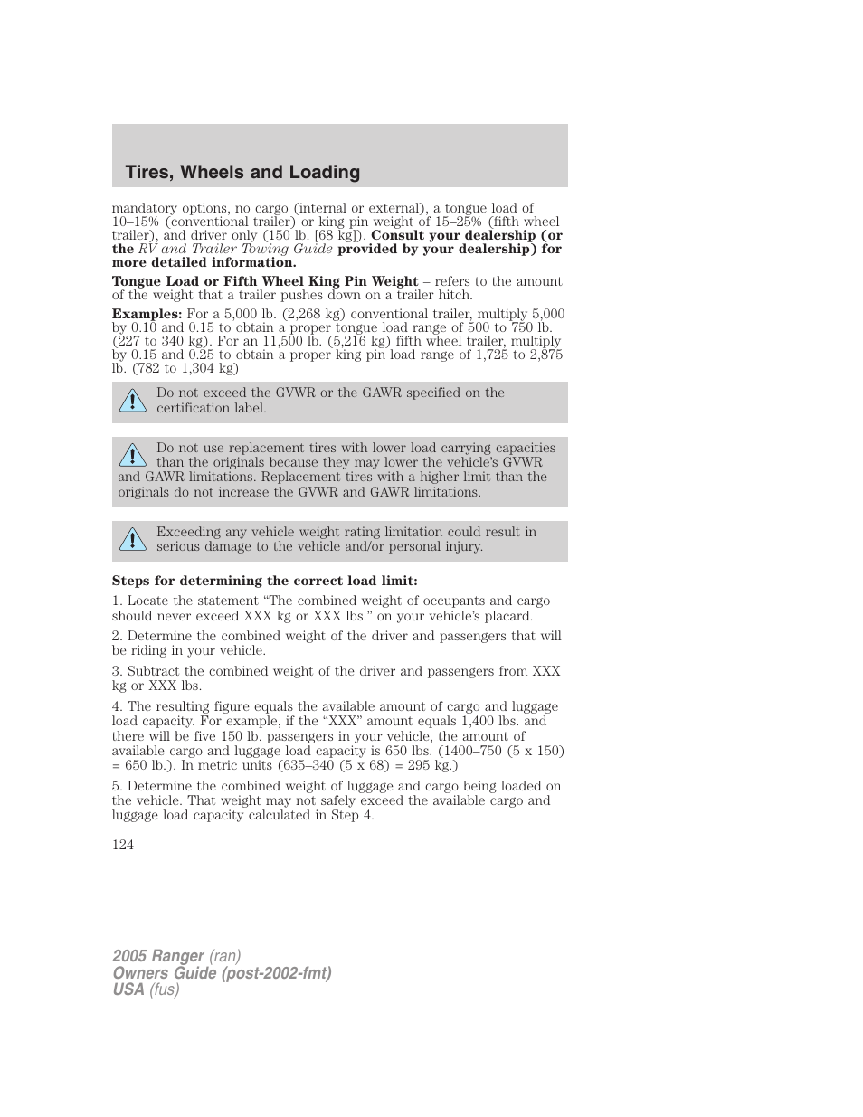 Tires, wheels and loading | FORD 2005 Ranger v.2 User Manual | Page 124 / 256