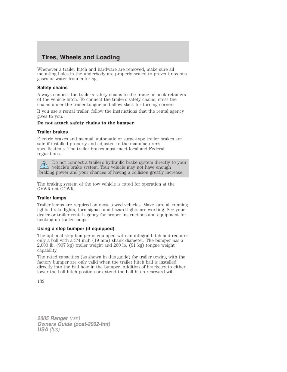 Safety chains, Trailer brakes, Trailer lamps | Using a step bumper (if equipped), Tires, wheels and loading | FORD 2005 Ranger v.2 User Manual | Page 132 / 256
