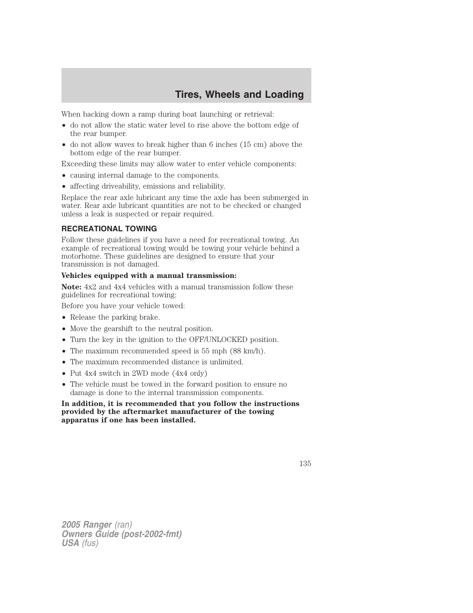 Recreational towing, Tires, wheels and loading | FORD 2005 Ranger v.2 User Manual | Page 135 / 256