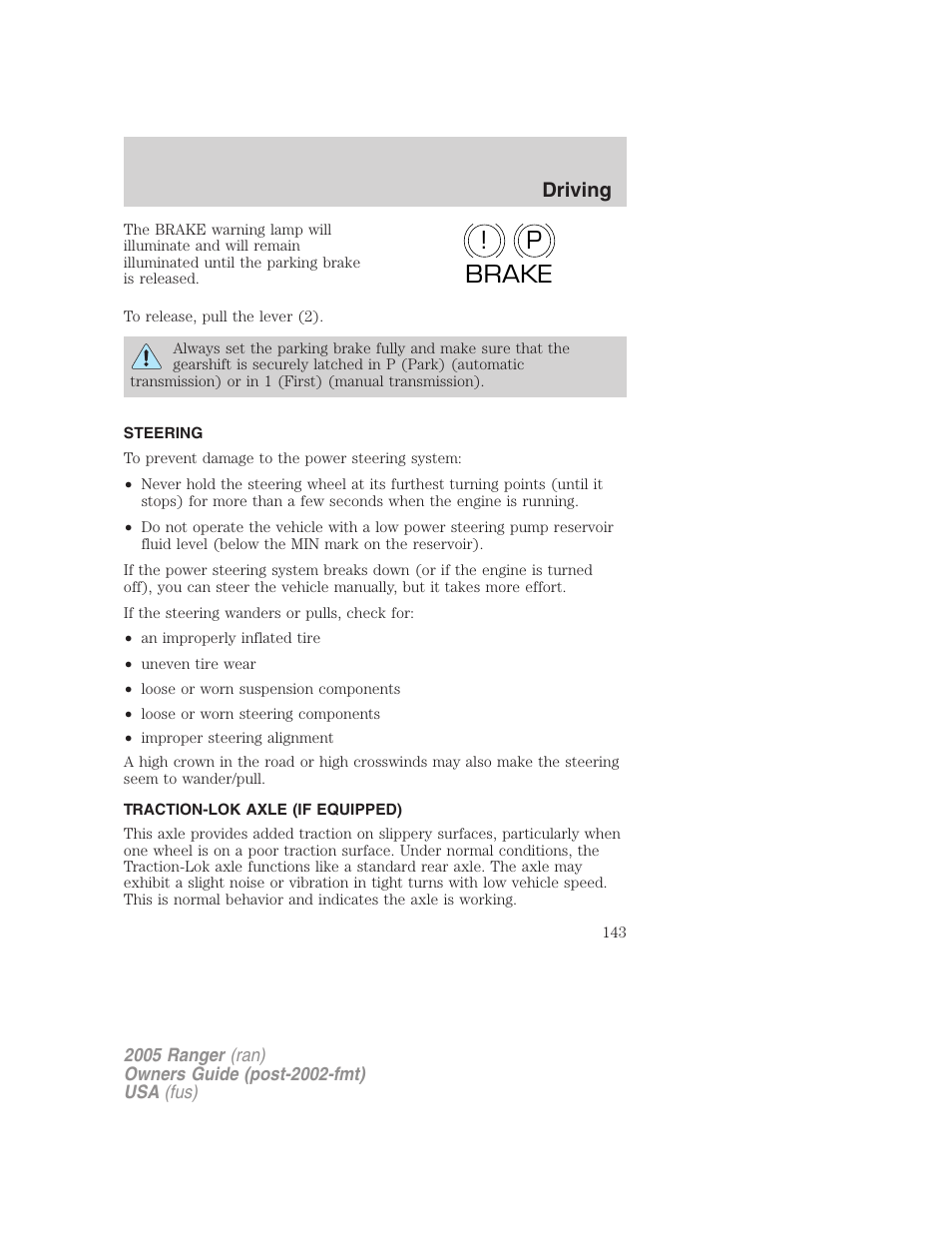 Steering, Traction-lok axle (if equipped), P! brake | Driving | FORD 2005 Ranger v.2 User Manual | Page 143 / 256