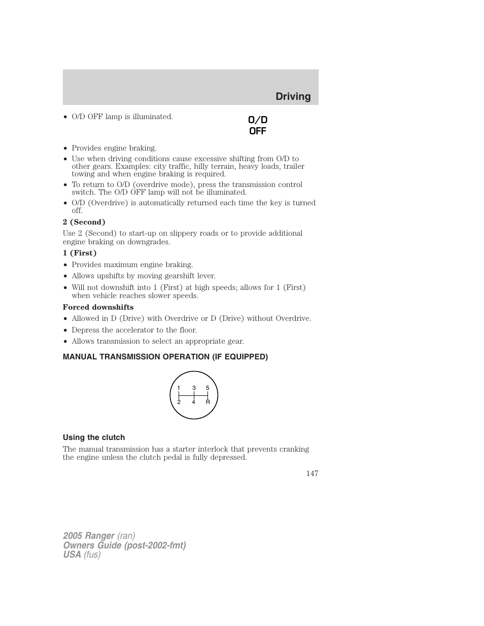 Manual transmission operation (if equipped), Using the clutch, Driving | FORD 2005 Ranger v.2 User Manual | Page 147 / 256