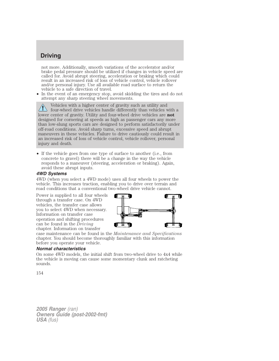 4wd systems, Normal characteristics, Driving | FORD 2005 Ranger v.2 User Manual | Page 154 / 256
