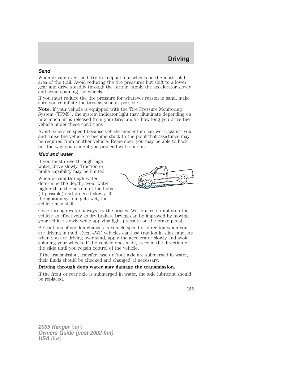 Sand, Mud and water, Driving | FORD 2005 Ranger v.2 User Manual | Page 155 / 256