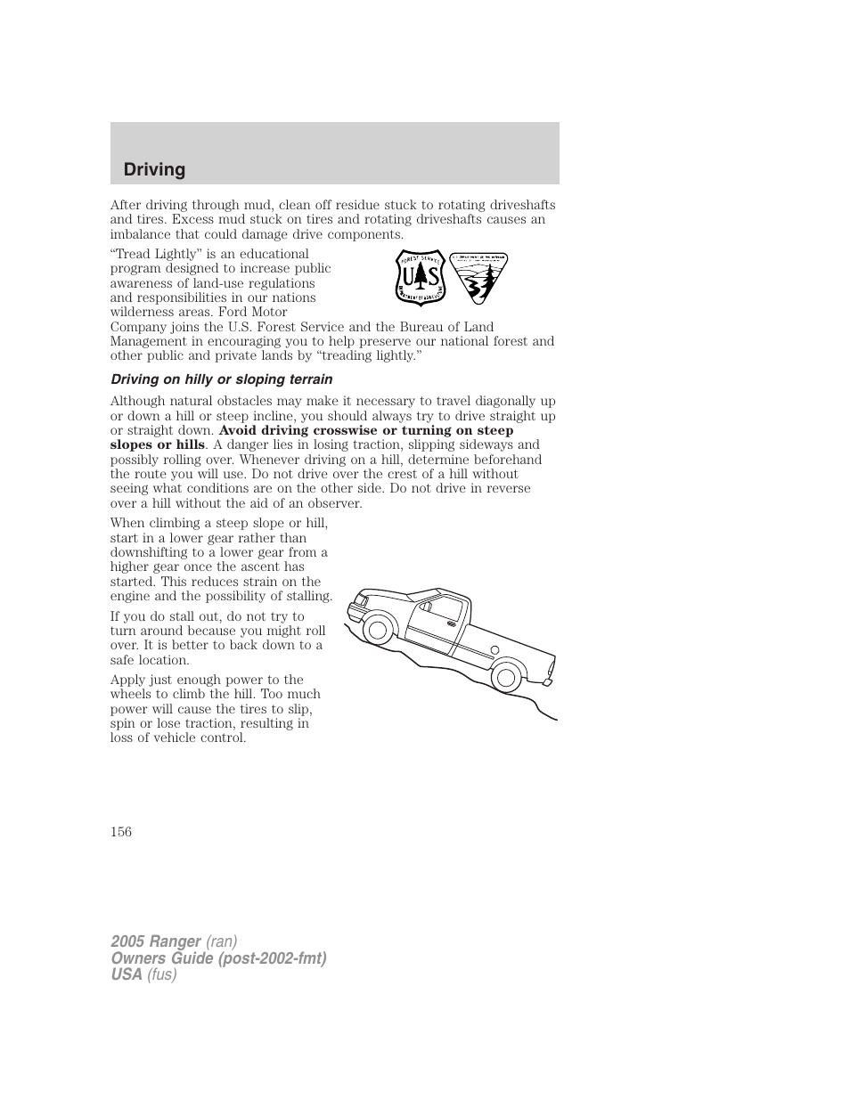 Driving on hilly or sloping terrain, Driving | FORD 2005 Ranger v.2 User Manual | Page 156 / 256