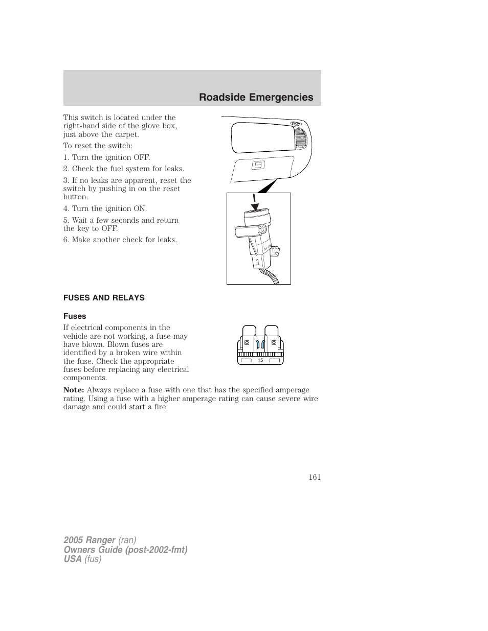 Fuses and relays, Fuses, Roadside emergencies | FORD 2005 Ranger v.2 User Manual | Page 161 / 256