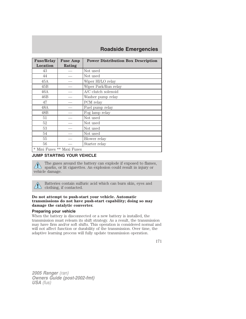 Jump starting your vehicle, Preparing your vehicle, Jump starting | Roadside emergencies | FORD 2005 Ranger v.2 User Manual | Page 171 / 256