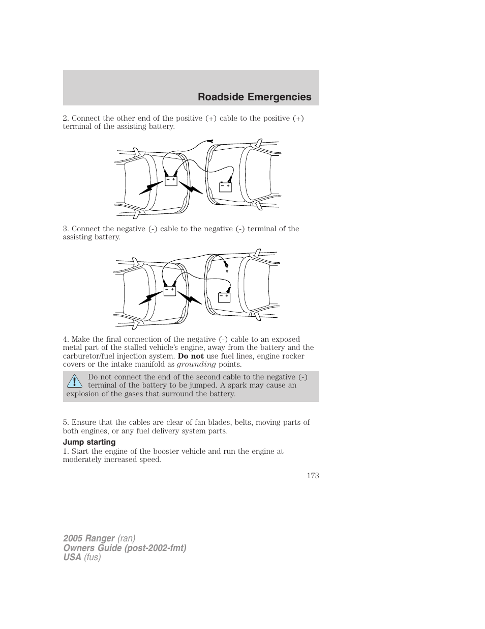 Jump starting, Roadside emergencies | FORD 2005 Ranger v.2 User Manual | Page 173 / 256