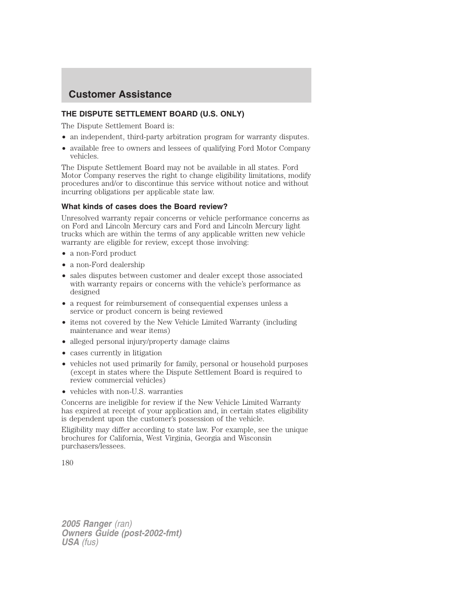 The dispute settlement board (u.s. only), What kinds of cases does the board review, Customer assistance | FORD 2005 Ranger v.2 User Manual | Page 180 / 256