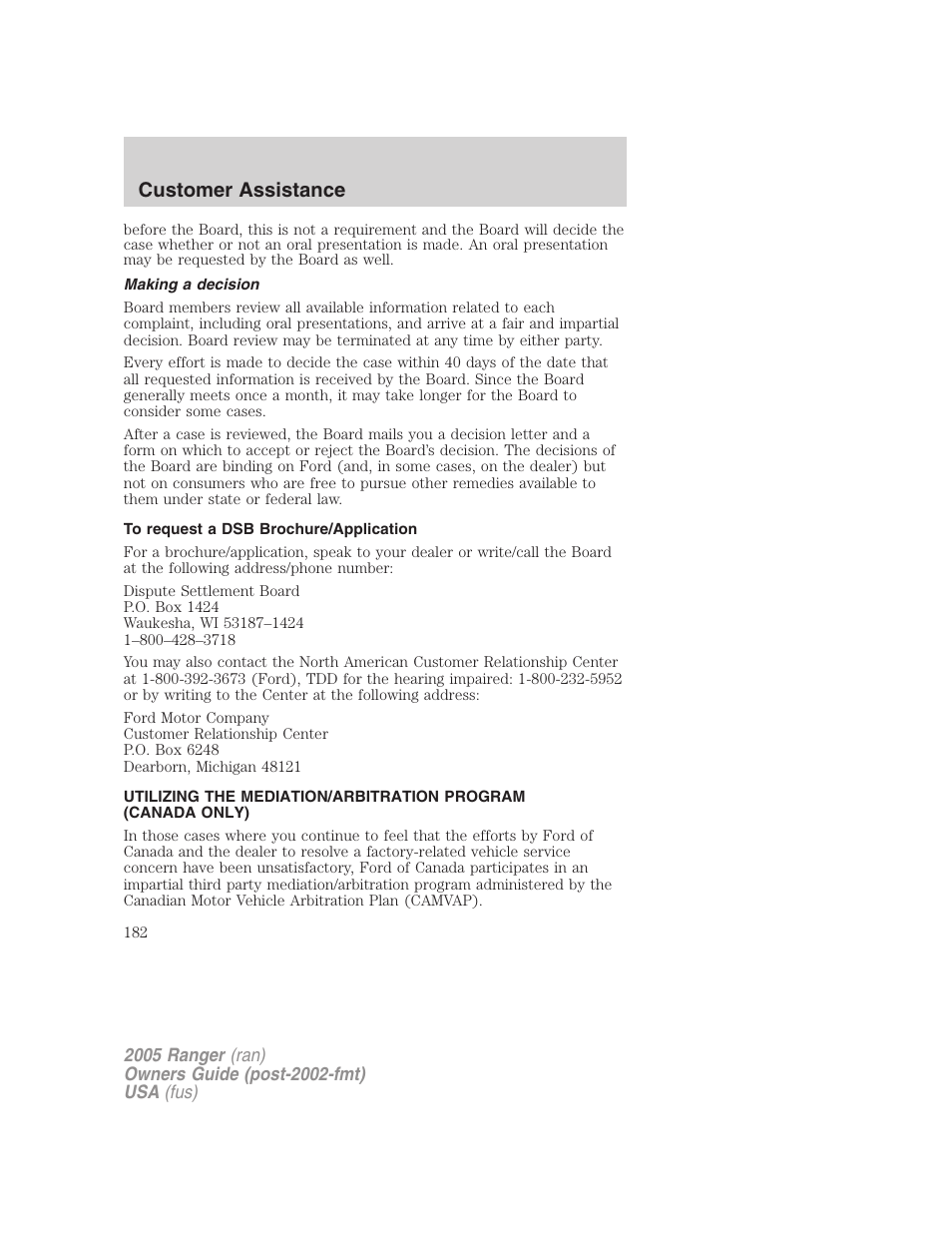 Making a decision, To request a dsb brochure/application, Customer assistance | FORD 2005 Ranger v.2 User Manual | Page 182 / 256
